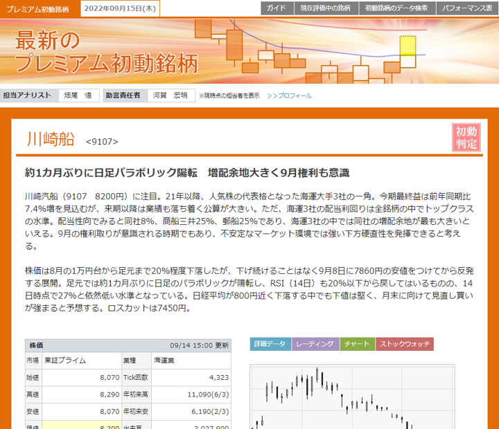 『プレミアム初動銘柄』のコンテンツ画面